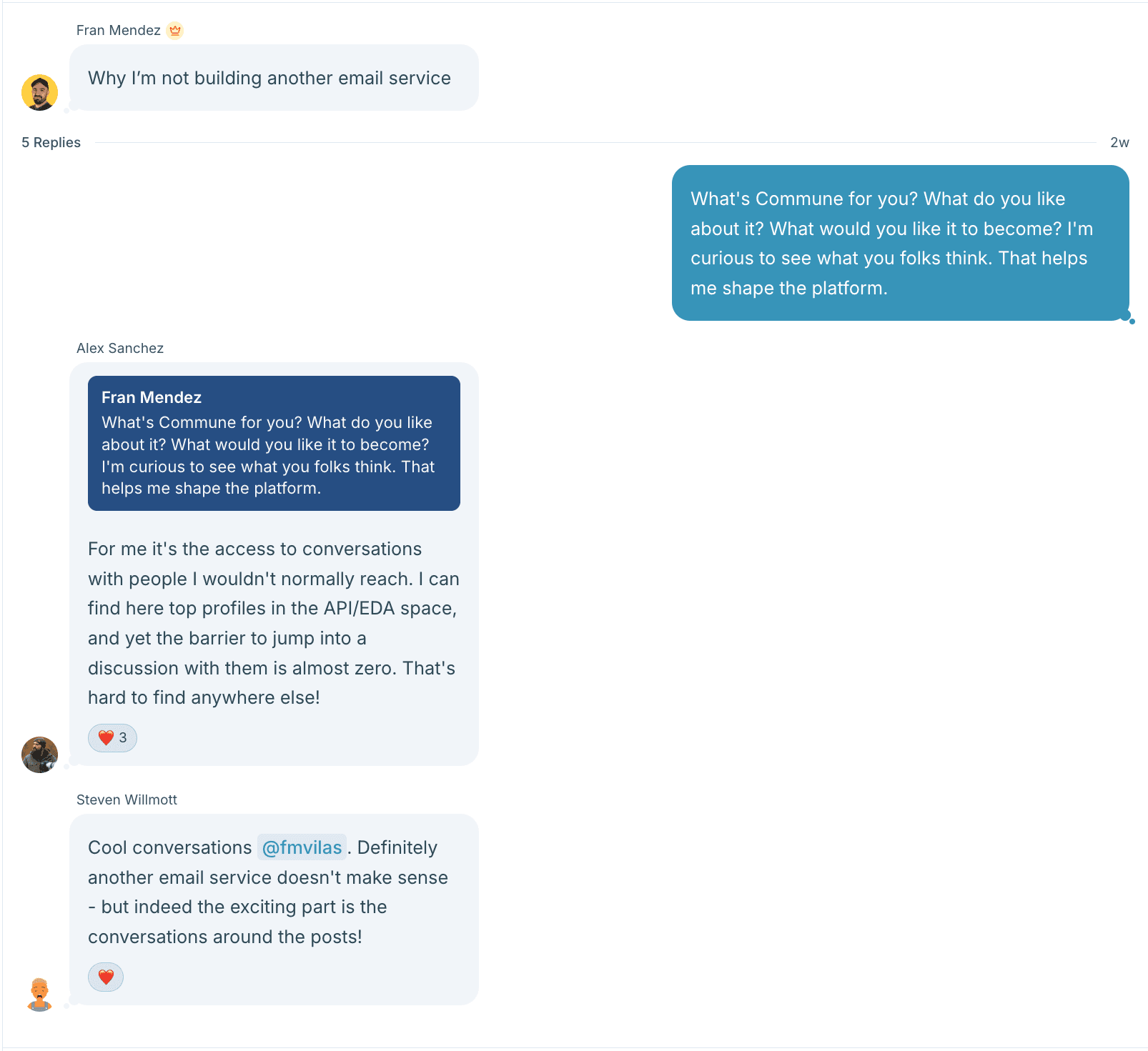 A Commune chat thread where readers discuss a newsletter article